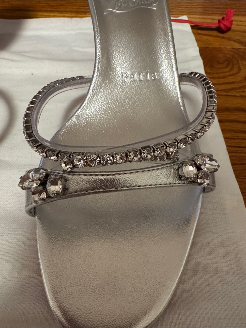 NEW - Christian Louboutin Silver Crystal-Trim Slide Sandals - Picture 5 of 12